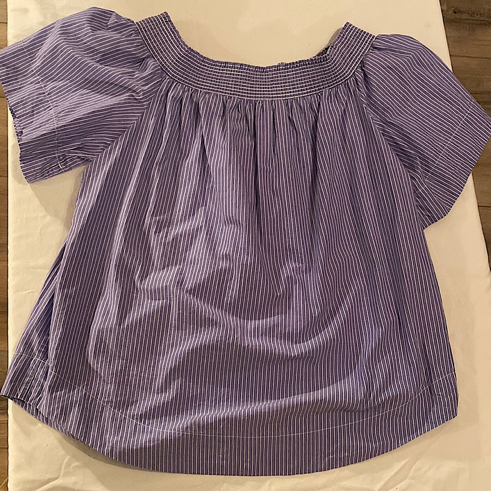 J.Crew Chambray Off The Shoulder Blue White Stripe Blouse size 12T - Picture 3 of 7